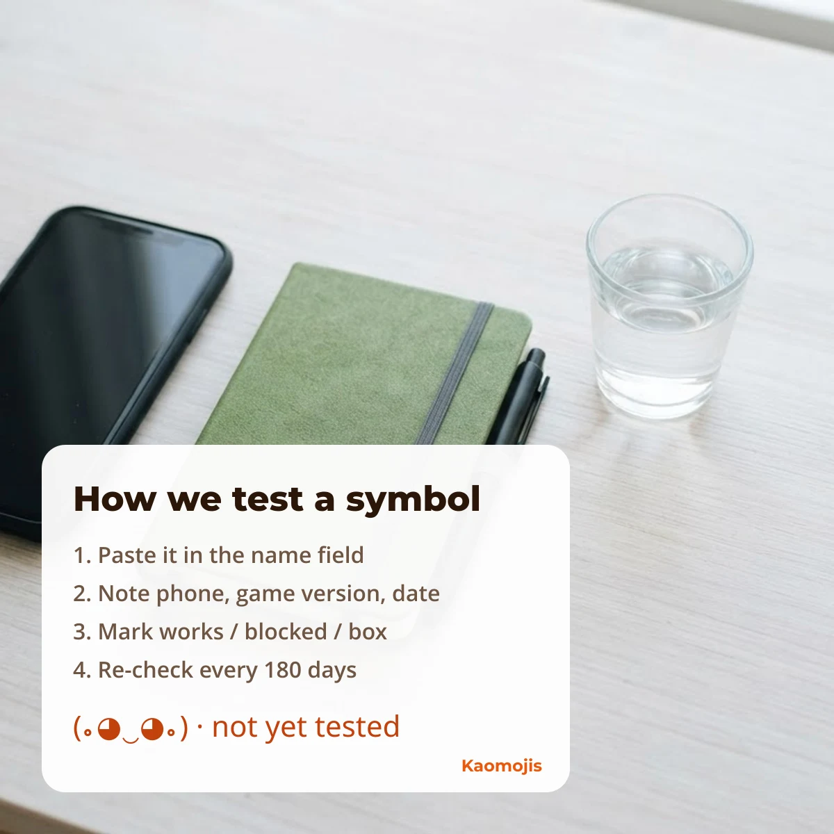 How Kaomojis tests a symbol: paste, record device and version, mark the result